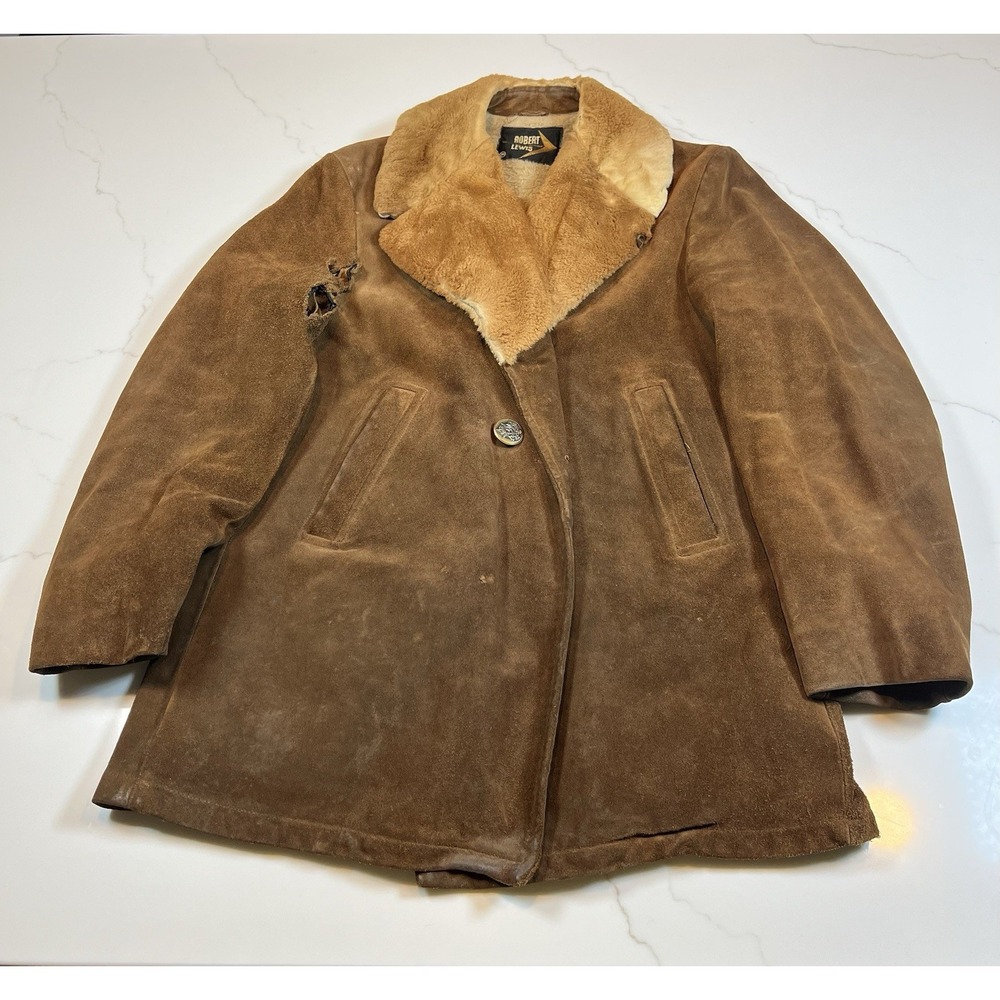Robert Lewis Suede Coat Mens Brown Faux Fur Lined Vintage Distressed 38